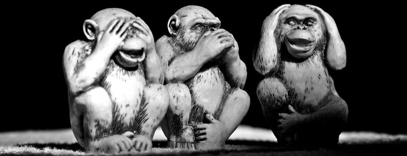 Photograph of figurines of the three wise monkeys, against a black background, by Anderson Mancini
