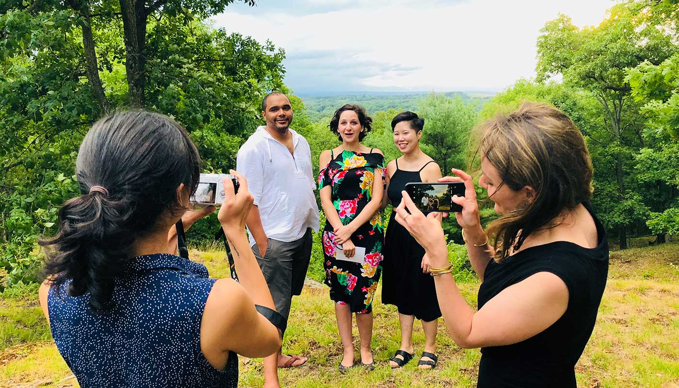 Photos don’t really do our residencies justice, be we do try. Here, our 2018 Rhinebeck residents Chris Kojzar, Tara Rose Stromberg, and Bianca Ng pose in a scenic spot following the end of their four-day residency.